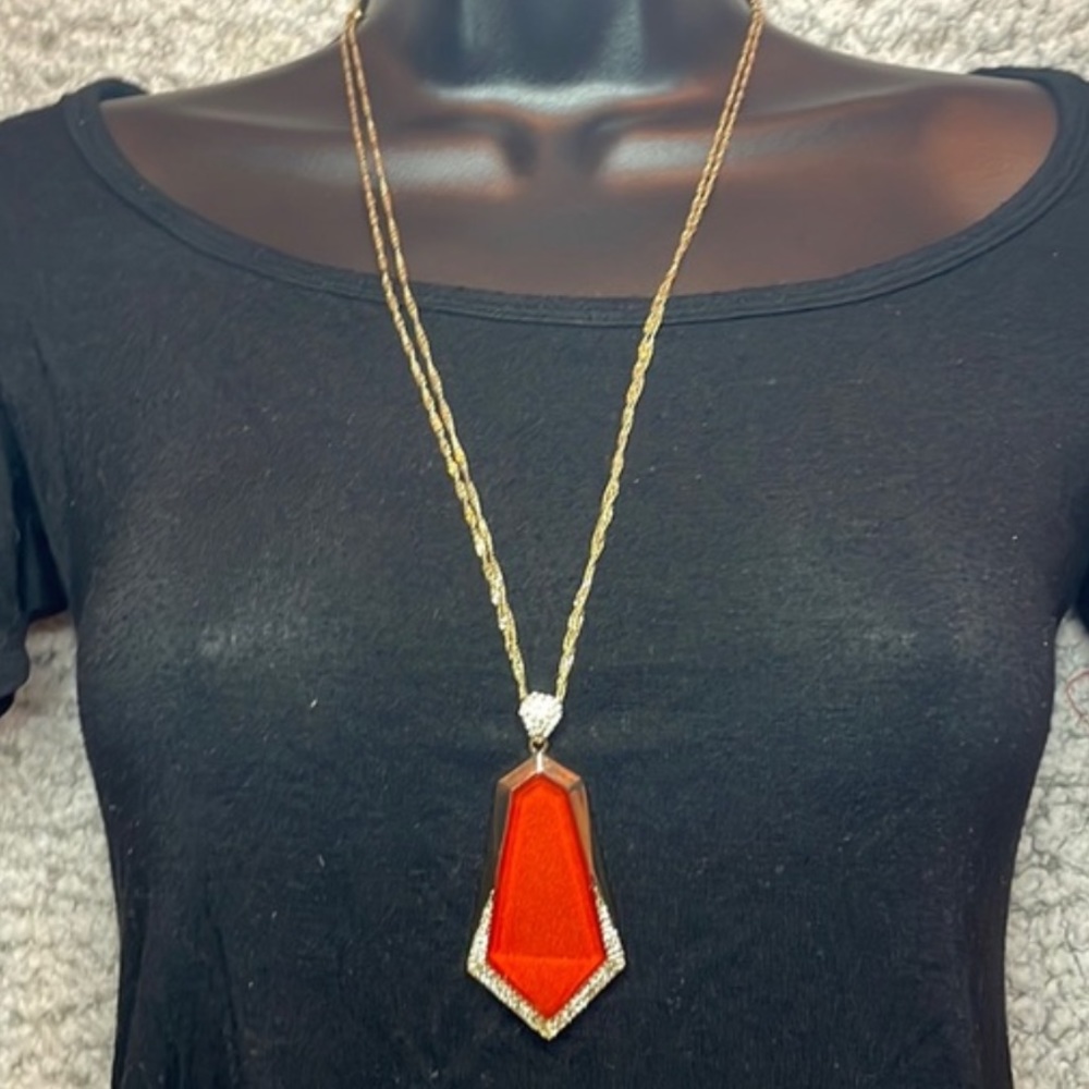 Red and Rhinestone Long Pendant Necklace